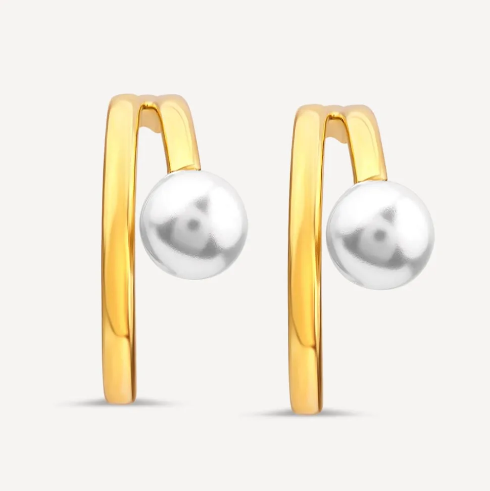 Yellow Gold Plated Sterling Silver Pearl Open Double Hoop Earrings