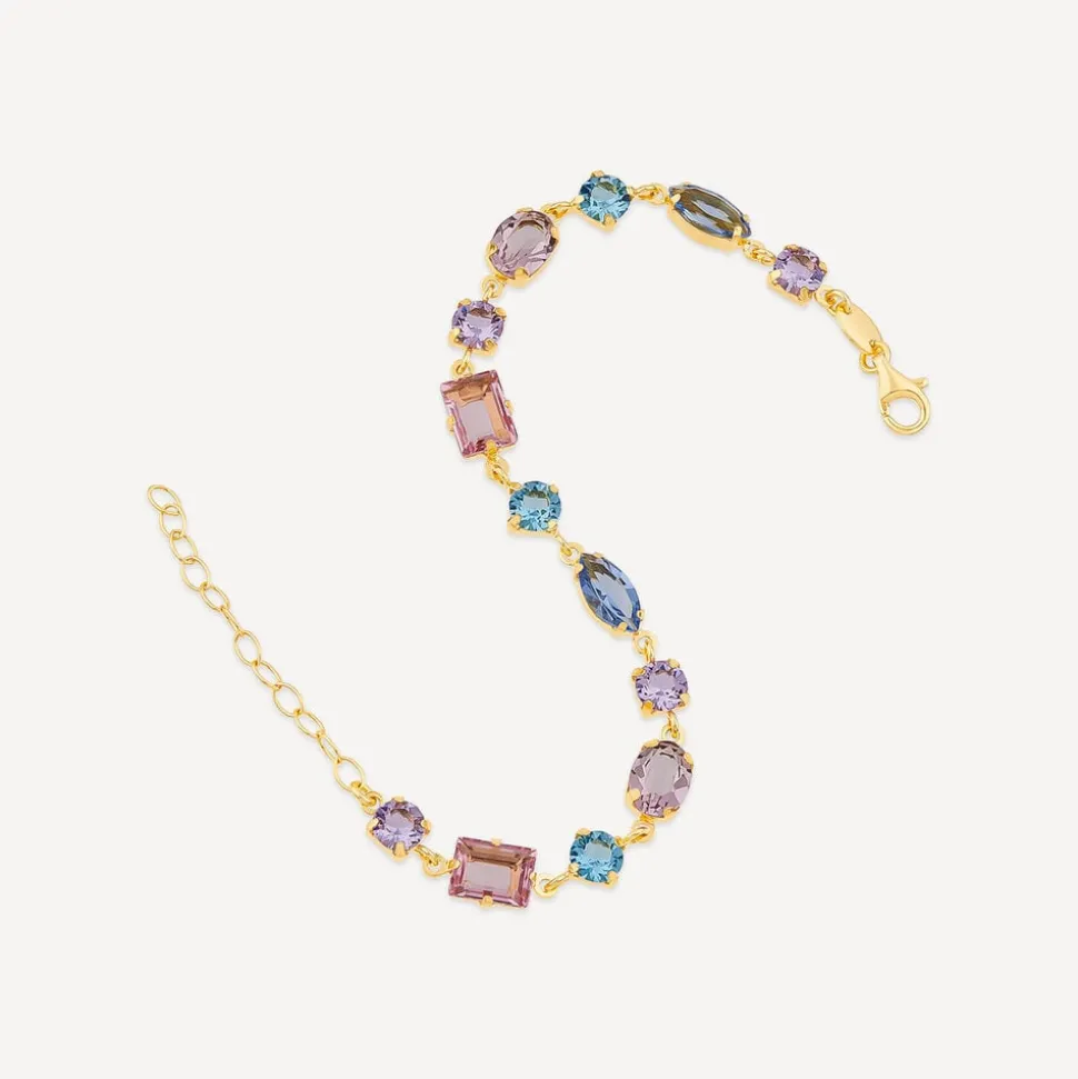 Yellow Gold Plated Sterling Silver Blue & Purple & Pink Multi Shaped Stones Bracelet